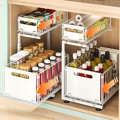 Under Sink Organizer, 2-Tier Multi-Use Kitchen and Bathroom Organizers and Storage, Slide Out Thickened Metal Under The Sink Organizer for Kitchen Bathroom Pantry (Style A White, 1 Pack)
