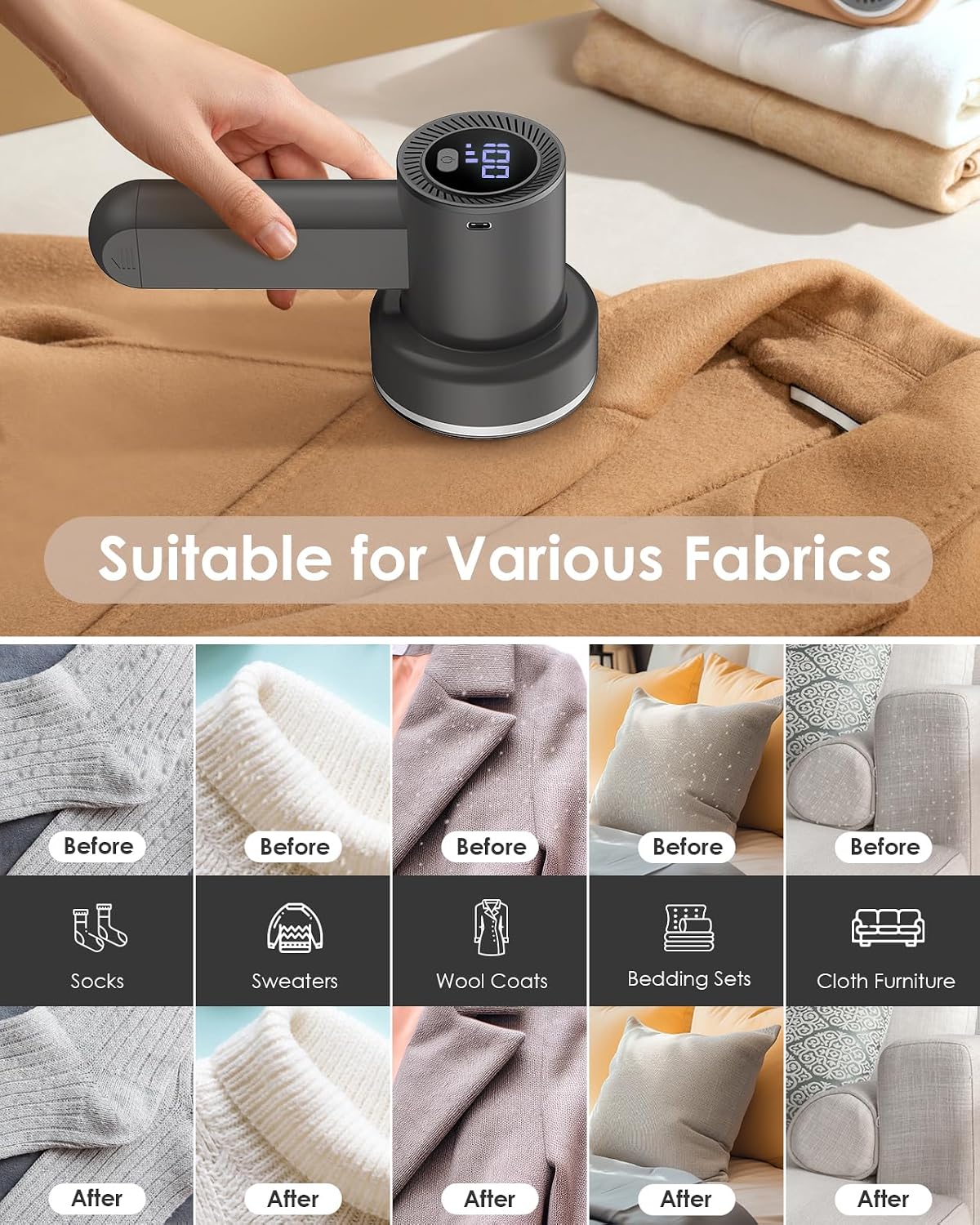 Fabric Shaver Fuzz Remover Rechargeable, HOMEASY Electric Lint Remover Shaver with 3 Blades & LED Digital Display, Sweater Couch Fabric Pill Shaver for Sweater, Couch, Furniture (White)