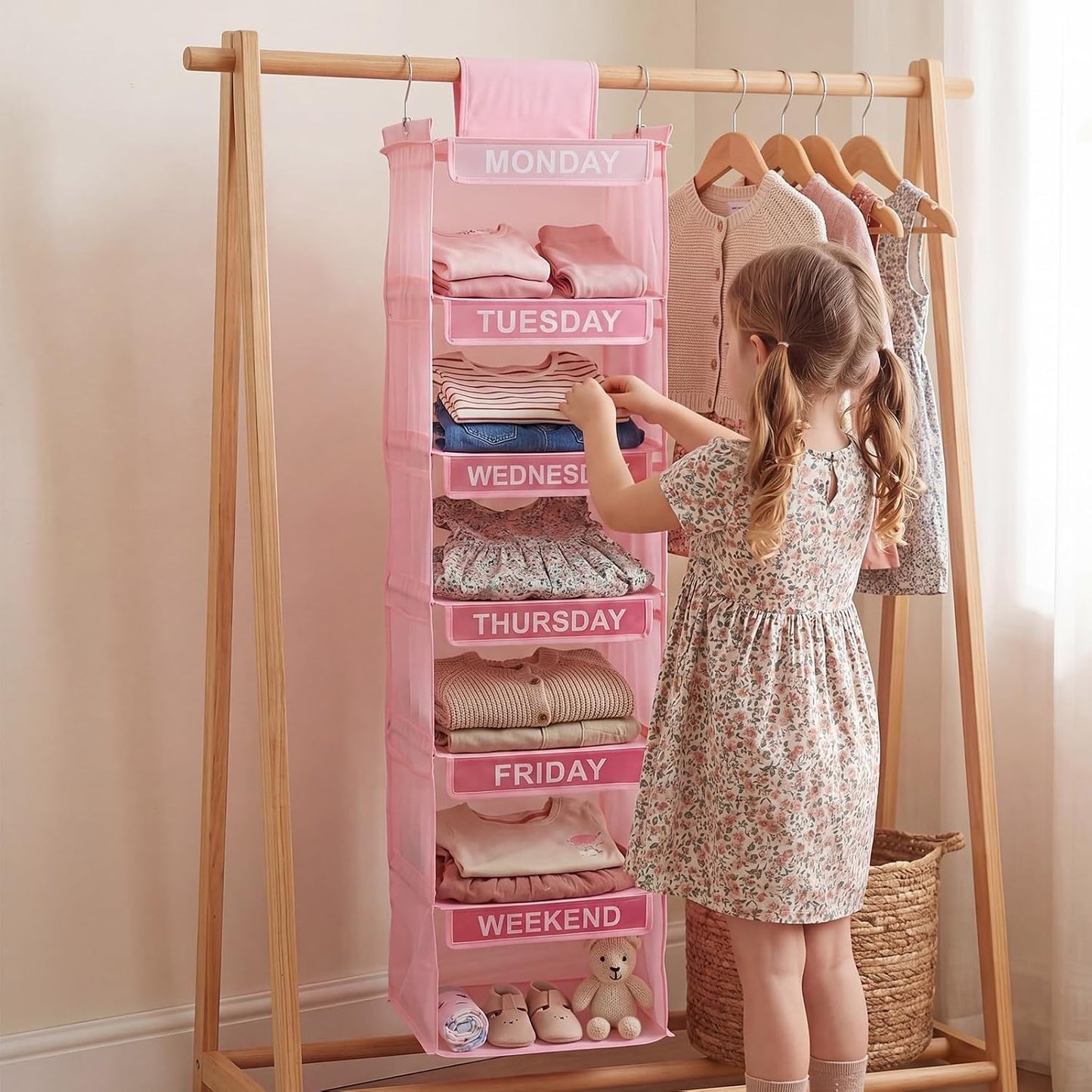 Thyle 6-Shelf Weekly Clothes Organizer for Kids, Hanging Daily Closet Organization with 12 Side Pockets, Pink Days of the Week Clothing Divider Storage for Boys and Girls