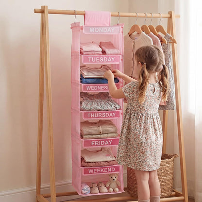 Thyle 6-Shelf Weekly Clothes Organizer for Kids, Hanging Daily Closet Organization with 12 Side Pockets, Pink Days of the Week Clothing Divider Storage for Boys and Girls