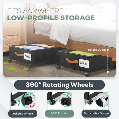 Under Bed Storage with Wheels, 2 Pack (36L Each)| Low Profile Storage Organizer with Clear Window, Double Zipper & 360° Locking Wheels – Rolling Metal Drawer for Clothes, Shoes, & More (Gray)