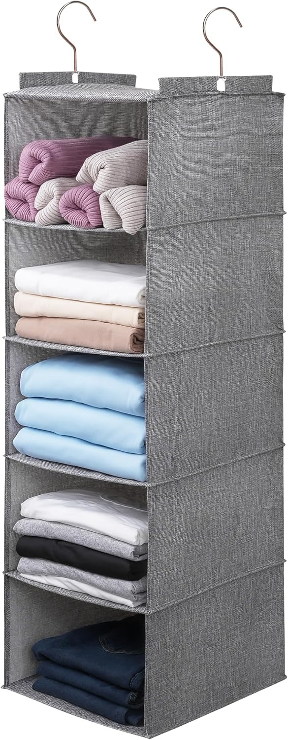 Large Hanging Sweater Organizer for Closet,Collapsible 6-Shelf Hanging Closet Shelves with Drawers, Washable (Grey-6 Shelf)