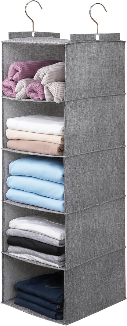 Large Hanging Sweater Organizer for Closet,Collapsible 6-Shelf Hanging Closet Shelves with Drawers, Washable (Grey-6 Shelf)