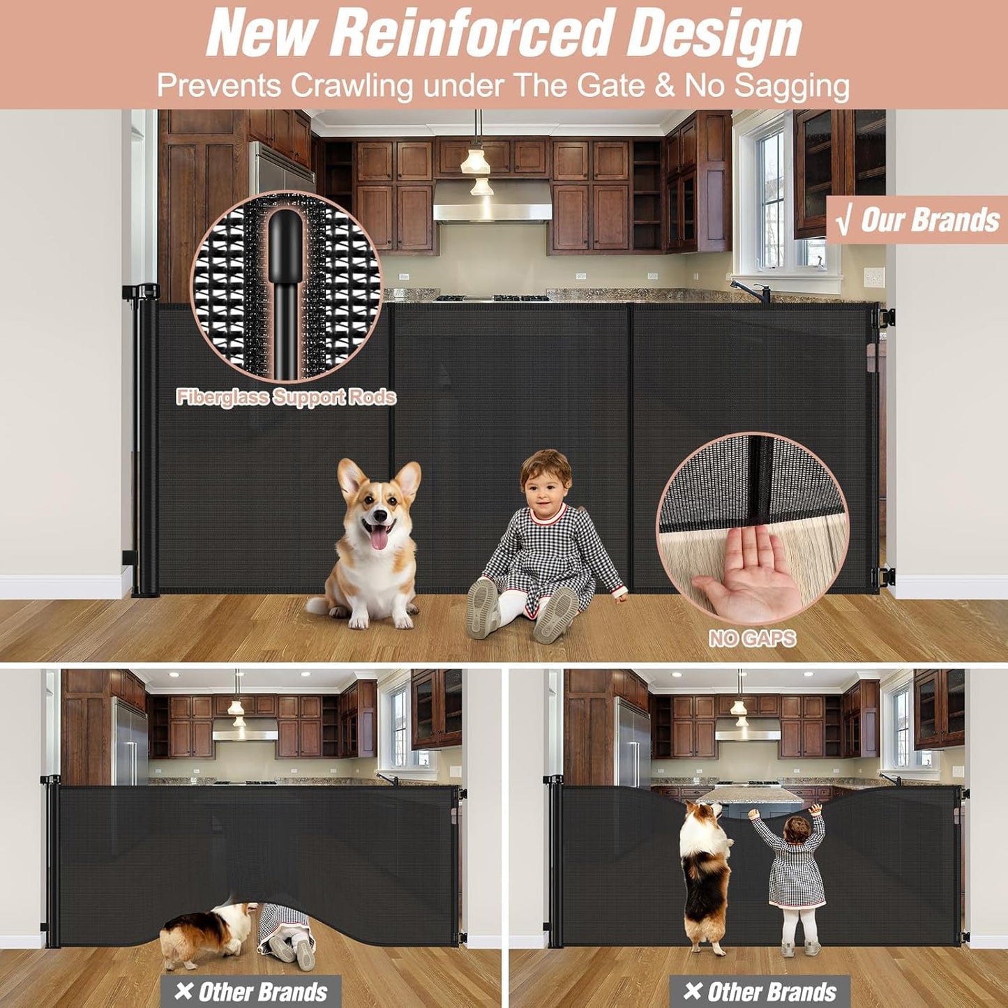 Newly Enhanced - 42" Tall × 120" Extra Wide Retractable Baby Gate Keeps Pets from Getting Under Tall Dog Gate, Indoor/Outdoor Baby Gates for Dogs, Retractable Dog Gate for Large Openings, White
