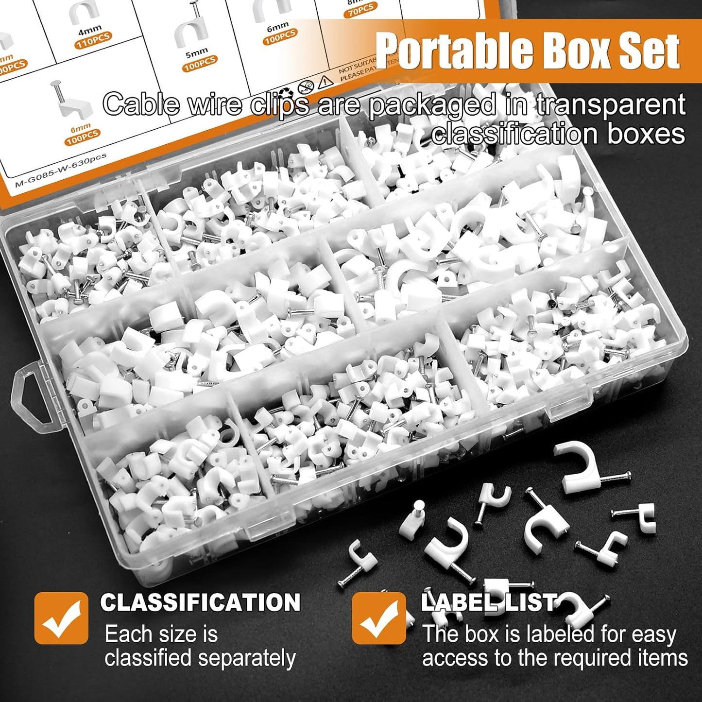 mankk 630PCS Steel Nail Cable Clips 4/5/6/8/10mm Round & 5/6mm Square | cable tacks for CAT6 RJ45 RG6 RG59 ethernet coax cords, white wall mounting clips