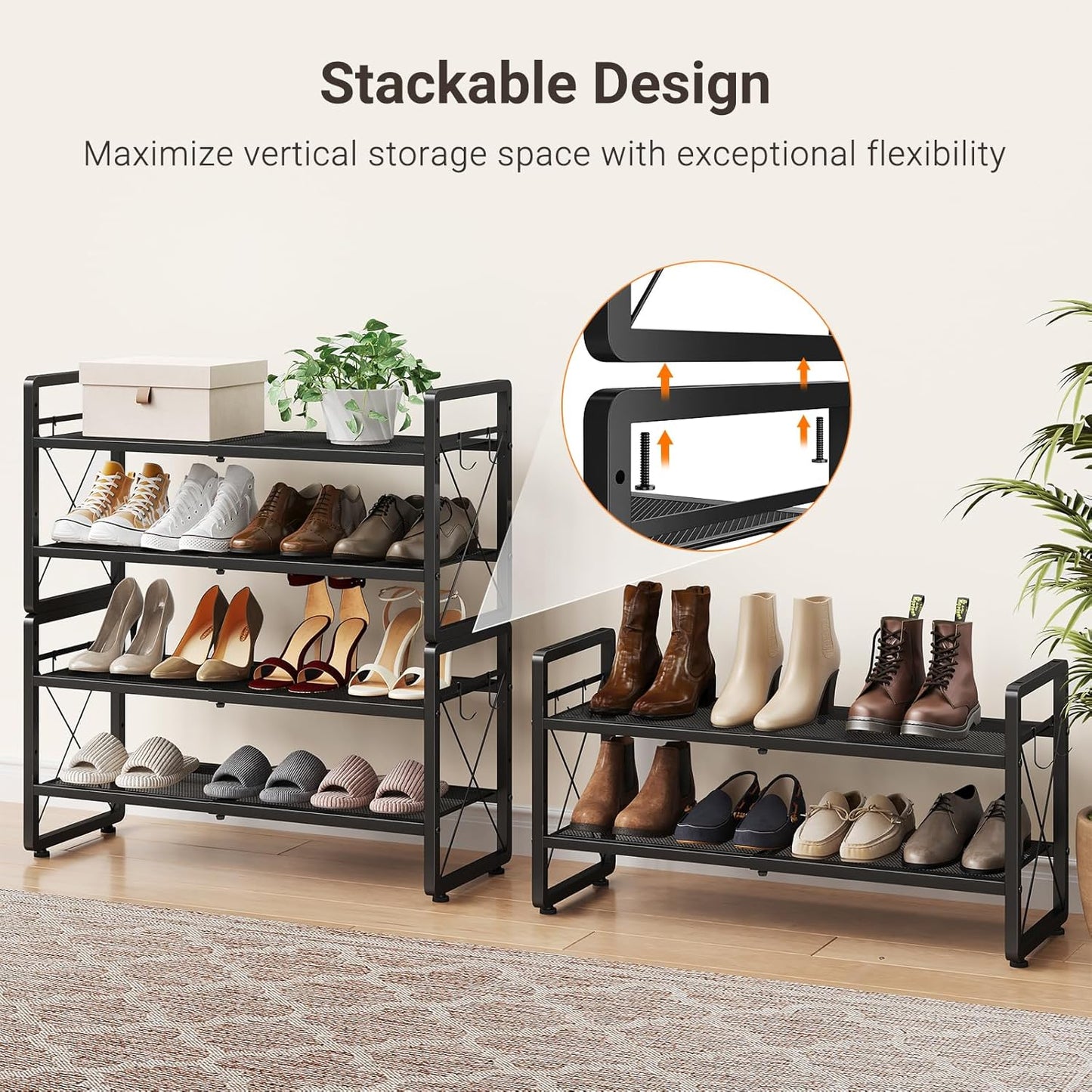 ELYKEN Shoe Rack, 2-Tier Expandable Shoe Organizer for Closet, Metal Black Shoe Shelf with 4 Hooks, Adjustable Shoe Stand Holder for Entryway, Garage, Door Entrance