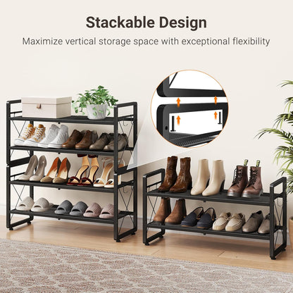 ELYKEN Shoe Rack, 2-Tier Expandable Shoe Organizer for Closet, Metal Black Shoe Shelf with 4 Hooks, Adjustable Shoe Stand Holder for Entryway, Garage, Door Entrance