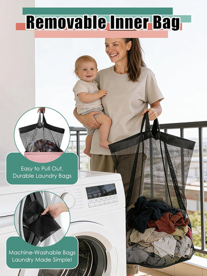 WTREE Laundry Hamper with Lid, Reinforced Sturdy Clothes Hamper with Anti-Puncture Base, Large Collapsible Laundry Basket with Removable Liner Bag, Tall Dirty Clothes Bin for Family, 100L Grey