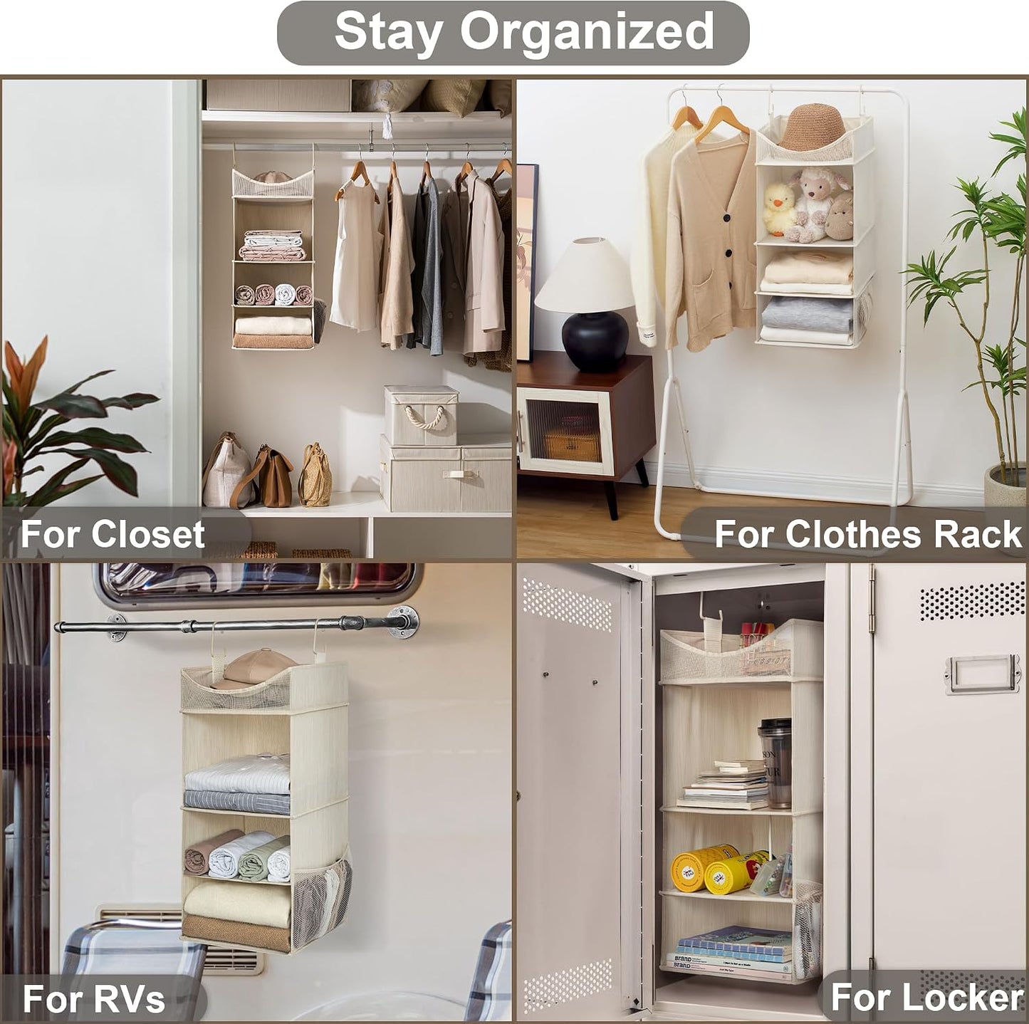 StorageWorks Hanging Closet Organizer, 3-Shelf Hanging Closet Shelves with Top Shelf, 15 ¾"W x 12" D x 31" H, Extra-Large Space, Ivory White