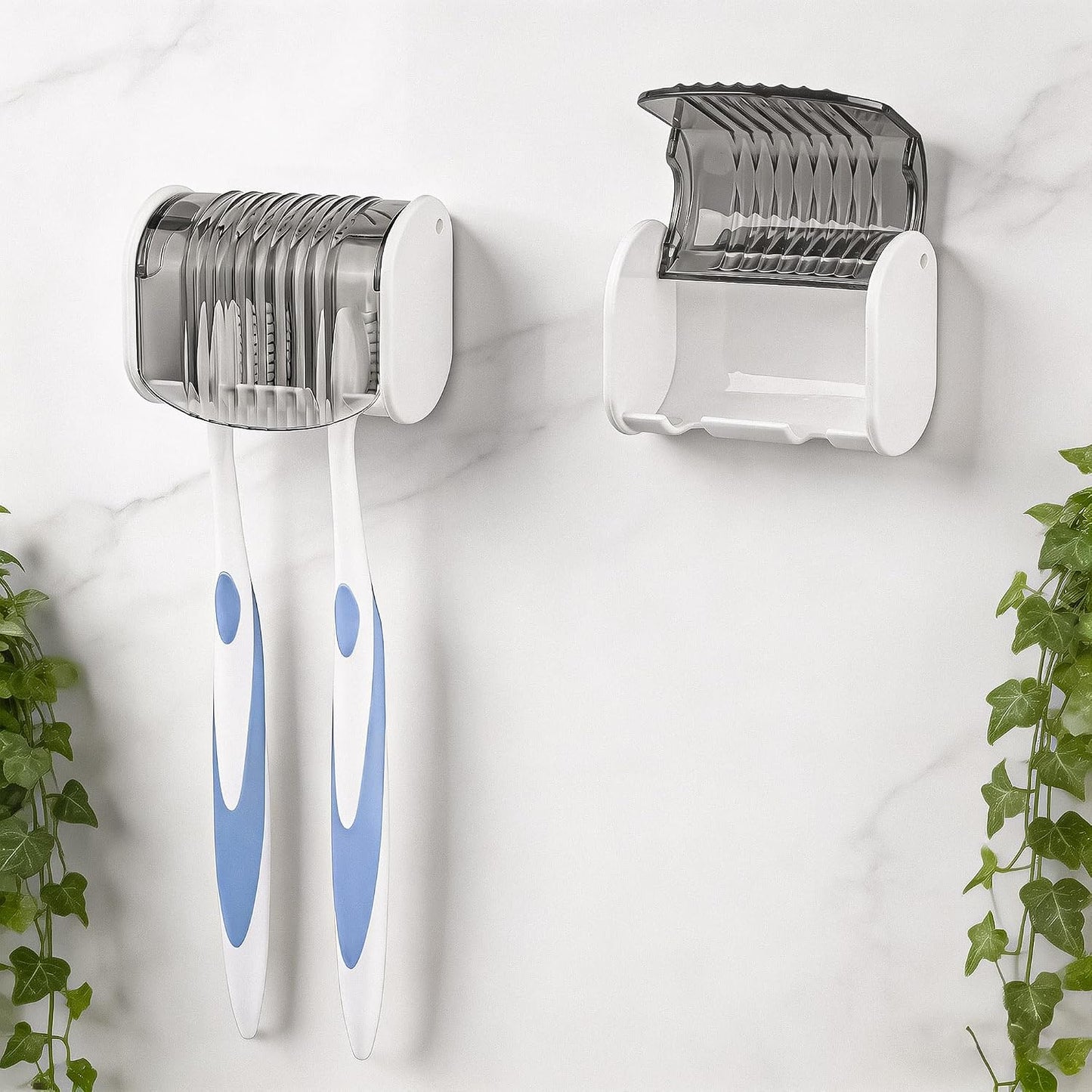 1 Pack Toothbrush Holder Wall Mounted with Cover for Bathroom, 2 Slots Toothbrush Storage Organizer for Shower, Self Adhesive Toothbrush Hanger (Grey)