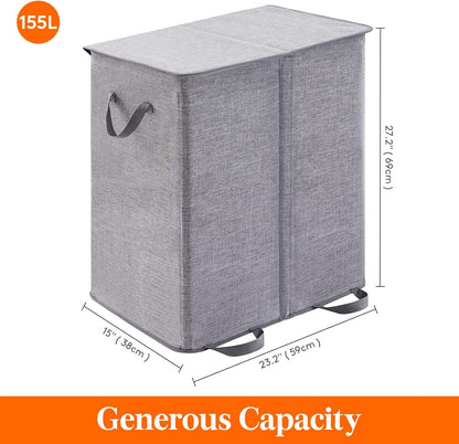 Lifewit Double Laundry Hamper with Lid and Removable Laundry Bags, Large Collapsible 2 Dividers Dirty Clothes Basket with Handles for Bedroom Laundry Room Closet Bathroom College, 136L Beige