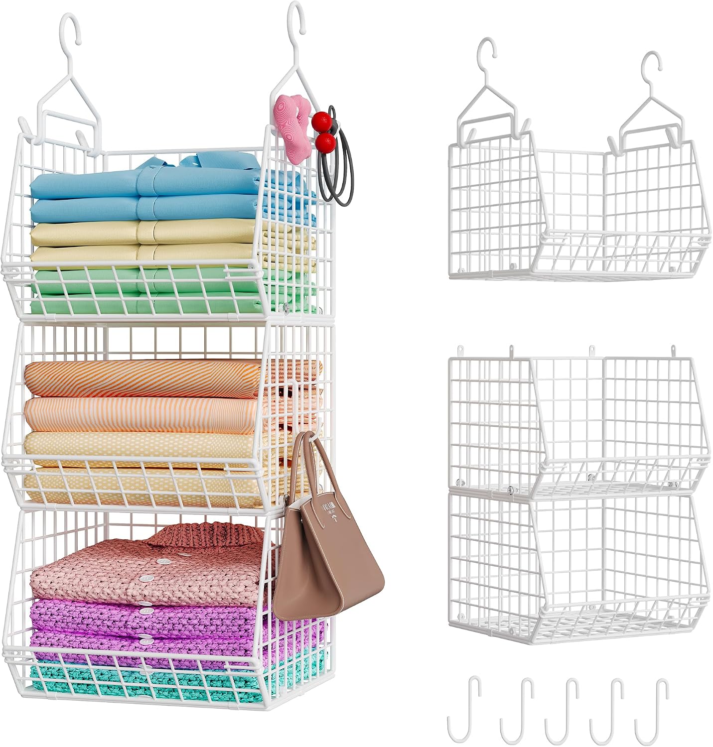 X-cosrack 3-Tier Hanging Closet Organizer, Laundry Room Organization | Space Saving Shelves with 1.65" Hook & 5 S-Hooks | Hanging Wire Baskets (12.4" W x 8.8" H x 10.24-11.8" D)