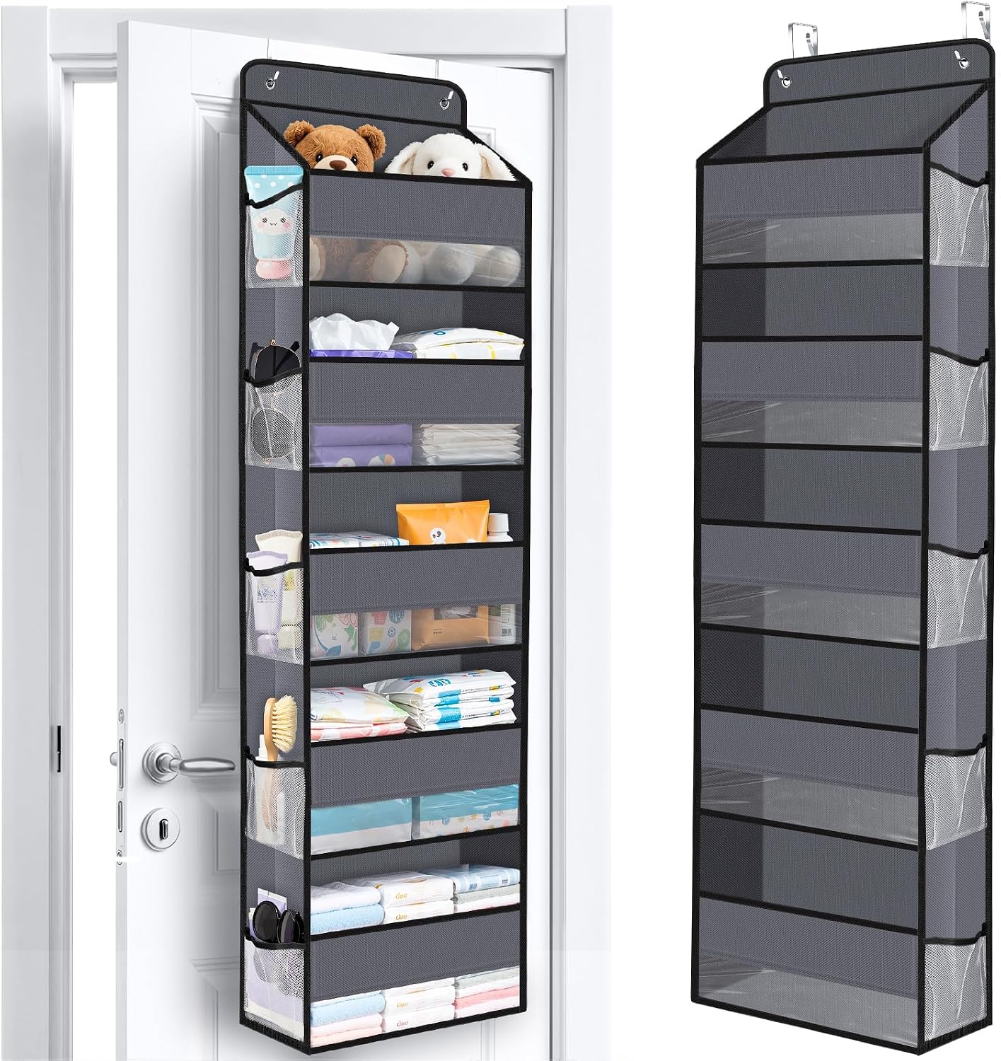 WISELIFE Over The Door Organizer Storage with 4 Large Pockets Door Hanging Organizer with Clear Windows behind The Door Storage for Nursery Bedroom Bathroom Pantry Closet and Baby Essentials Dark Grey
