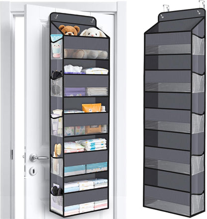 WISELIFE Over The Door Organizer Storage with 4 Large Pockets Door Hanging Organizer with Clear Windows behind The Door Storage for Nursery Bedroom Bathroom Pantry Closet and Baby Essentials Dark Grey