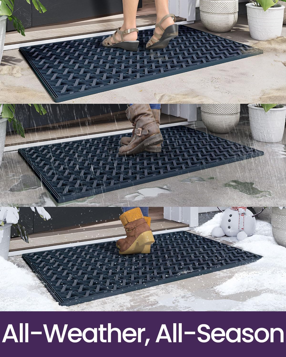 DEXI Front Door Mat Outside Entrance Rubber 19x30, Welcome Floor Doormat Heavy Duty Non Slip, Dirt Trapper Waterproof Exterior Entry Mats All Weather for Patio Entryway Drainage, Black