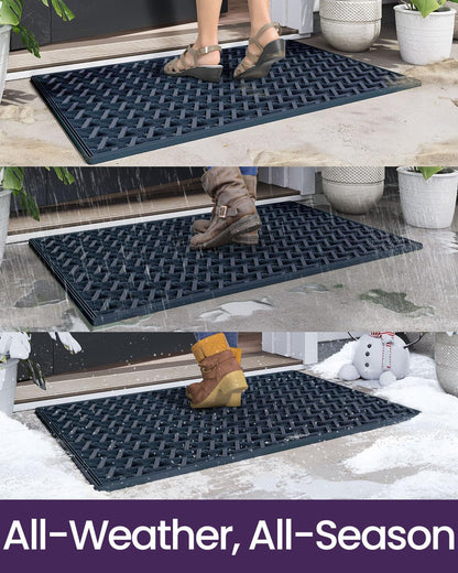 DEXI Front Door Mat Outside Entrance Rubber 19x30, Welcome Floor Doormat Heavy Duty Non Slip, Dirt Trapper Waterproof Exterior Entry Mats All Weather for Patio Entryway Drainage, Black