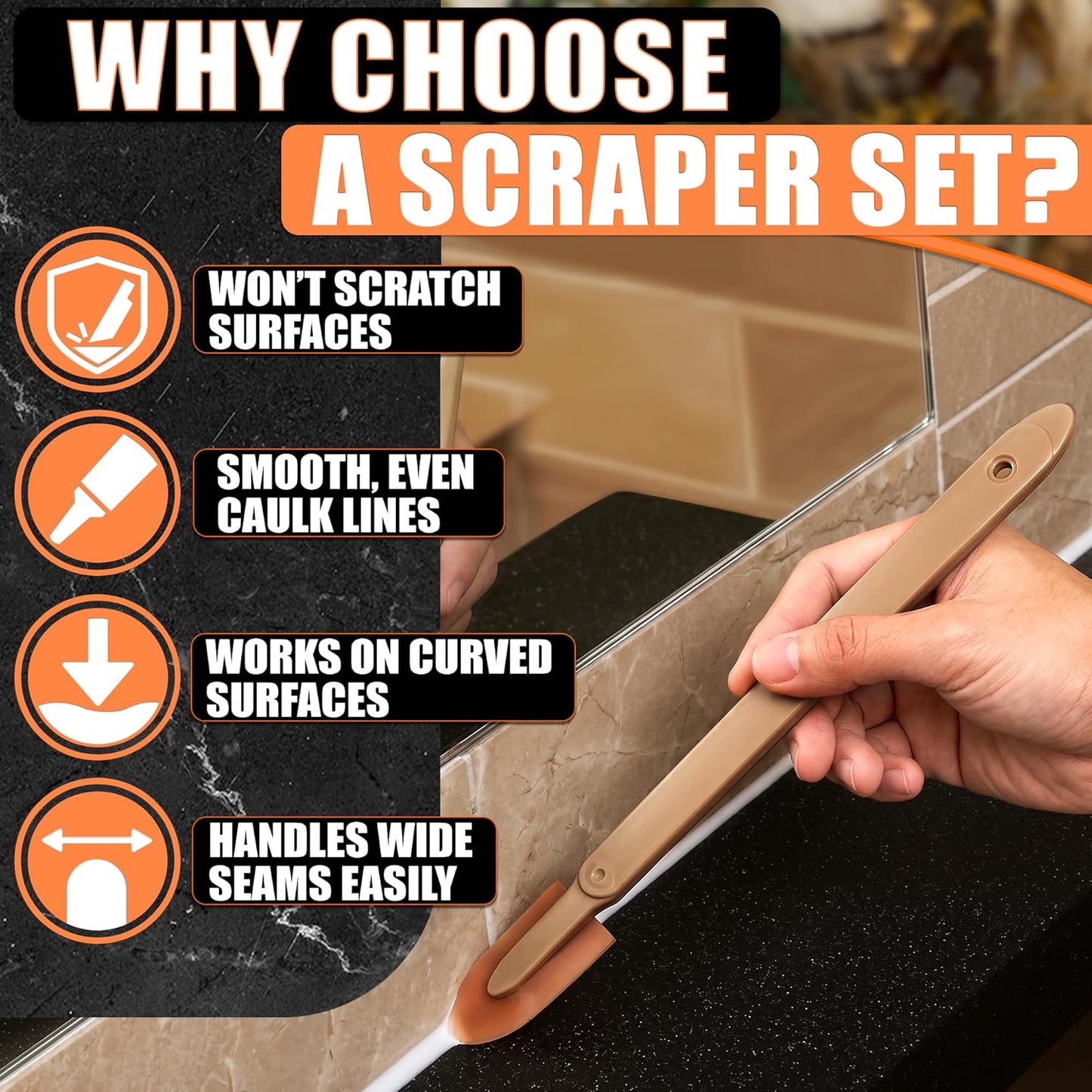 4-Piece Caulking Tool Kit for Silicone Sealant & Grout – Finishing & Smoothing Caulk Tool Set for Bathroom, Kitchen, Tile & Window – Reusable Urethane Rubber Tips with ABS Handle, Sizes 0.78"-1.73"