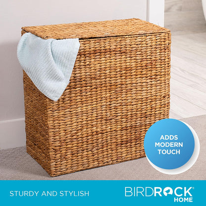 BirdRock Home Water Hyacinth Laundry Hamper Divided Interior (Espresso) | Eco-Friendly | Made of Hand Woven Hyacinth Fibers | Includes Two Removable Cotton Liners Bag | Wicker Laundry Basket with Lid