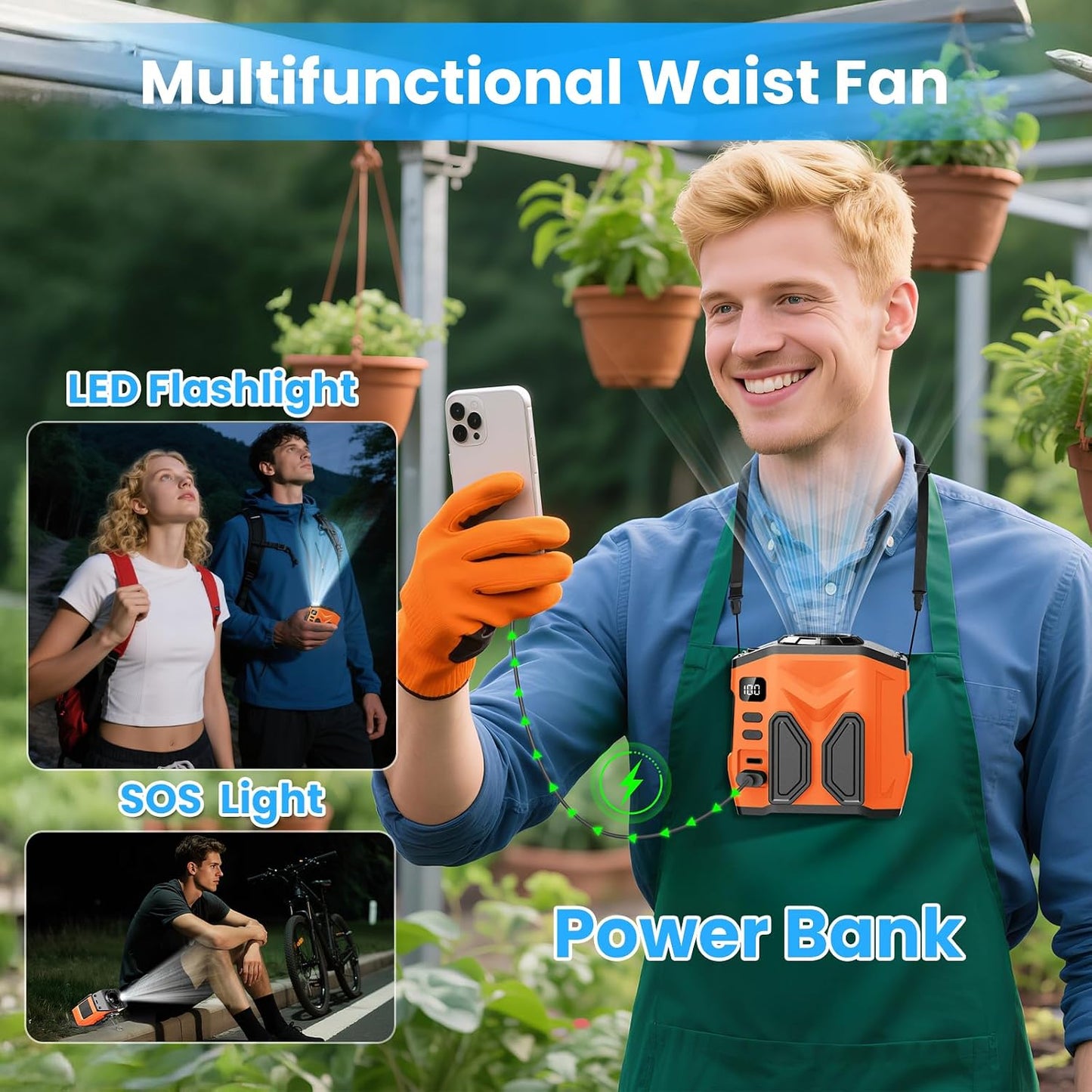 Portable Personal Waist Fan Rechargeable, 10000mAh 5 Speeds 13500RPM Strong Airflow, LED Light & 30H Runtime, Hands-Free Shirt/Belt/Neck Clip on Fan for Camping, Work, Outdoor, Travel
