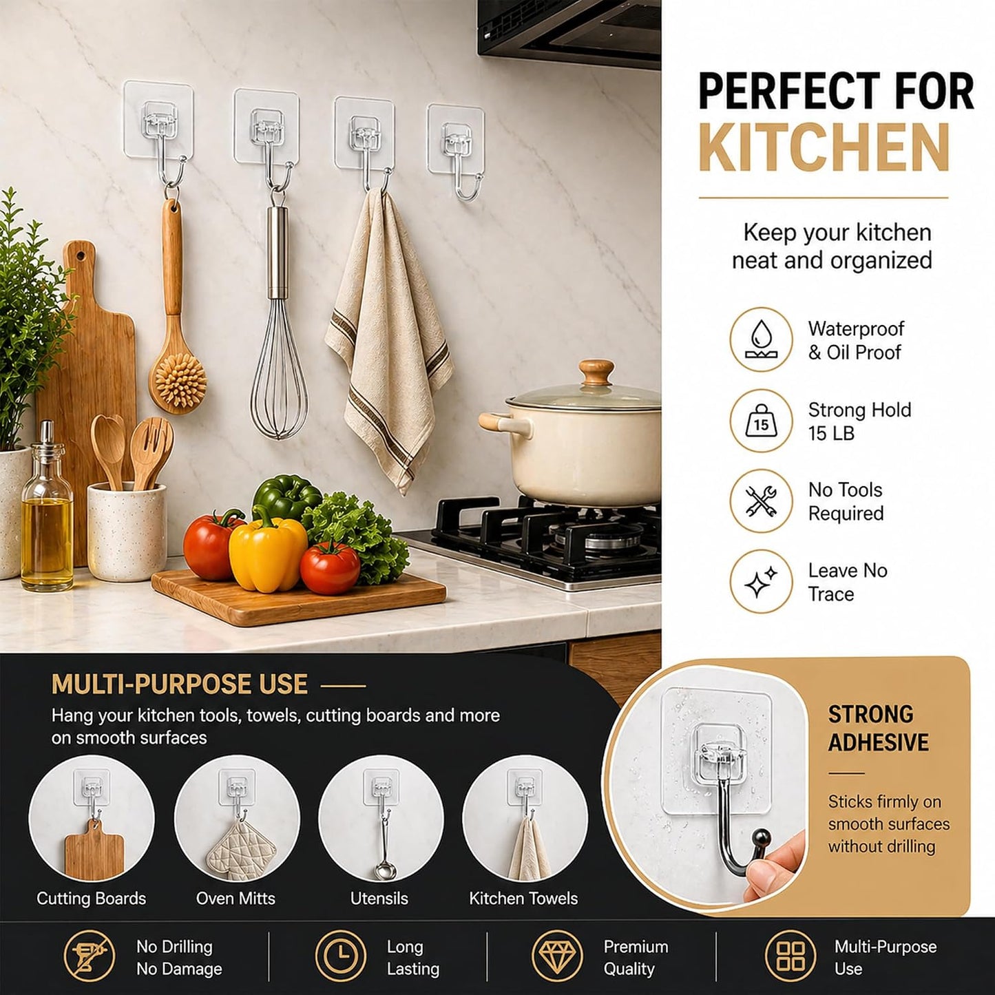 Heavy Duty Adhesive Hooks 60lb Max, 12 Pack Wall Hooks, Strong Stick On Hooks Traceless Waterproof & Rustproof for Bathroom Kitchen Home Hanging (12, Clear)