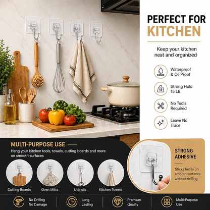Heavy Duty Adhesive Hooks 60lb Max, 12 Pack Wall Hooks, Strong Stick On Hooks Traceless Waterproof & Rustproof for Bathroom Kitchen Home Hanging (12, Clear)