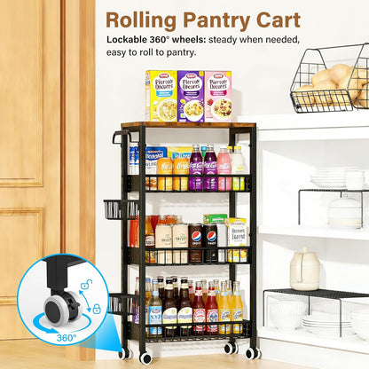 7.8 Inch Ultra-Slim 4-Tier Rolling Storage Cart with Adjustable Shelves - Lockable Wheels & Wooden Top for Narrow Spaces Between Washer/Dryer, Bathroom, Kitchen Organization (White)