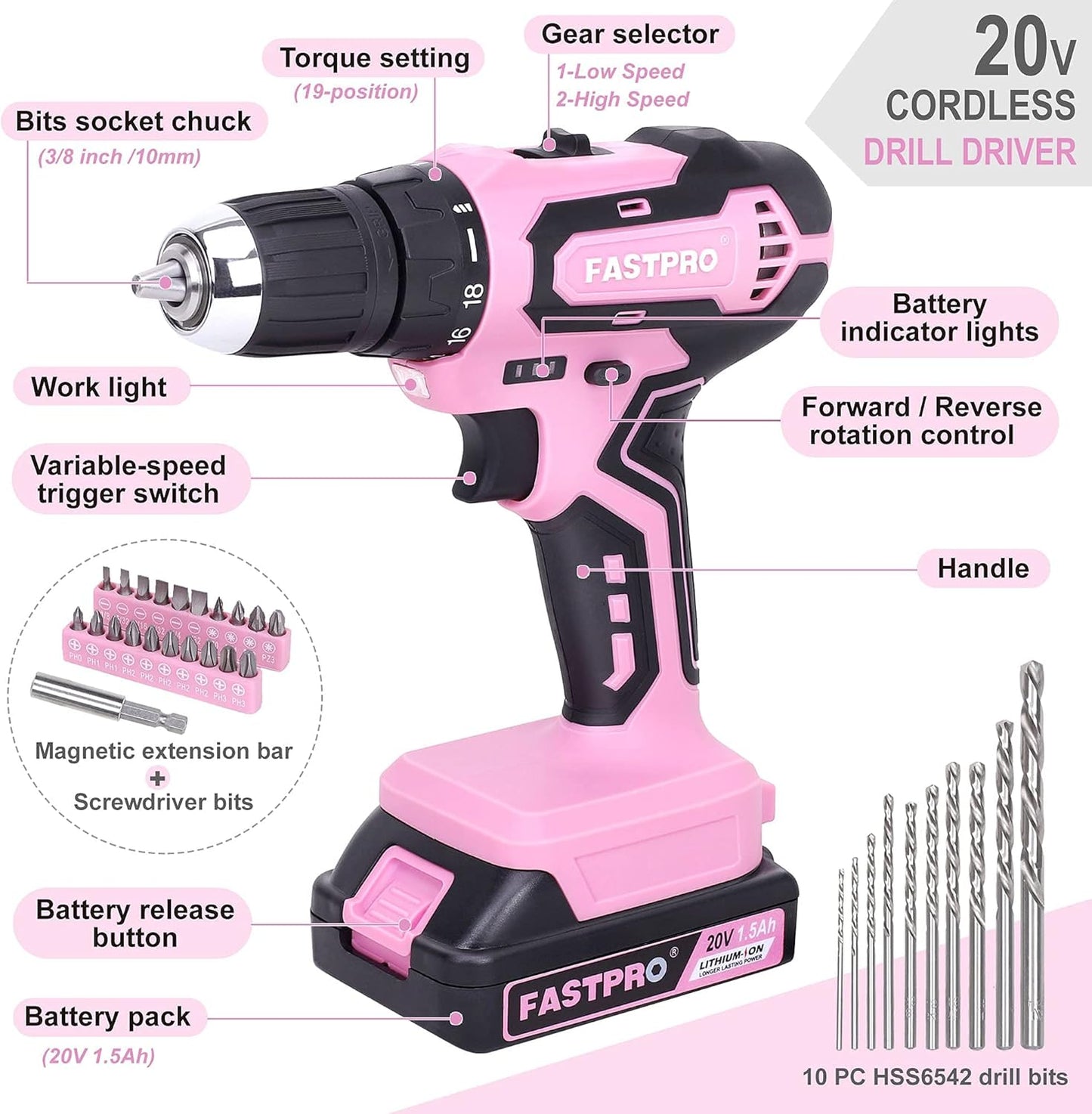 FASTPRO 232-Piece Home Tool Set with Drill, 20V Cordless Drill Driver, Household Repairing Tool Kit with Drill, 12-Inch Wide Mouth Storage Tool Bag Included, Red