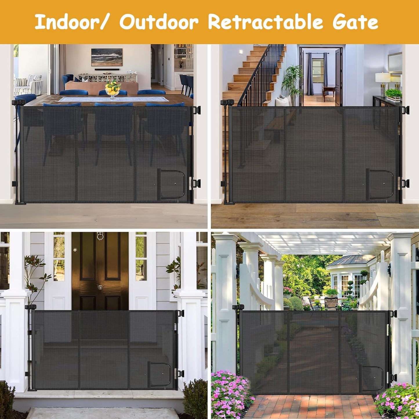 Reinforced 60” Wide Retractable Pet Gate with Cat Door Mesh Baby Gate for Stairs with Reinforced Strips Retractable Dog Gates with Cat Door Mesh Dog Gates for Doorways Separating Dogs from Cats, White