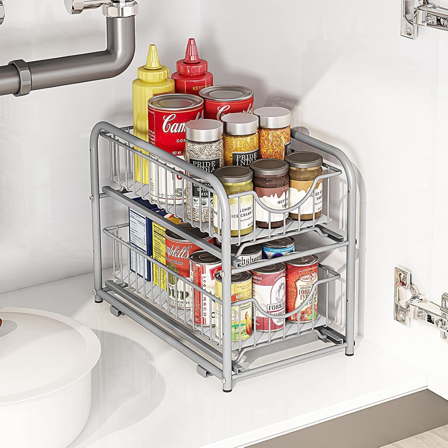 Pull-out Cabinet Organizer, Stackable 2-tier Under Sink Rack, with Sliding Storage Drawer for Pantry, and Desktop, for Bathroom, Kitchen, Office, Black