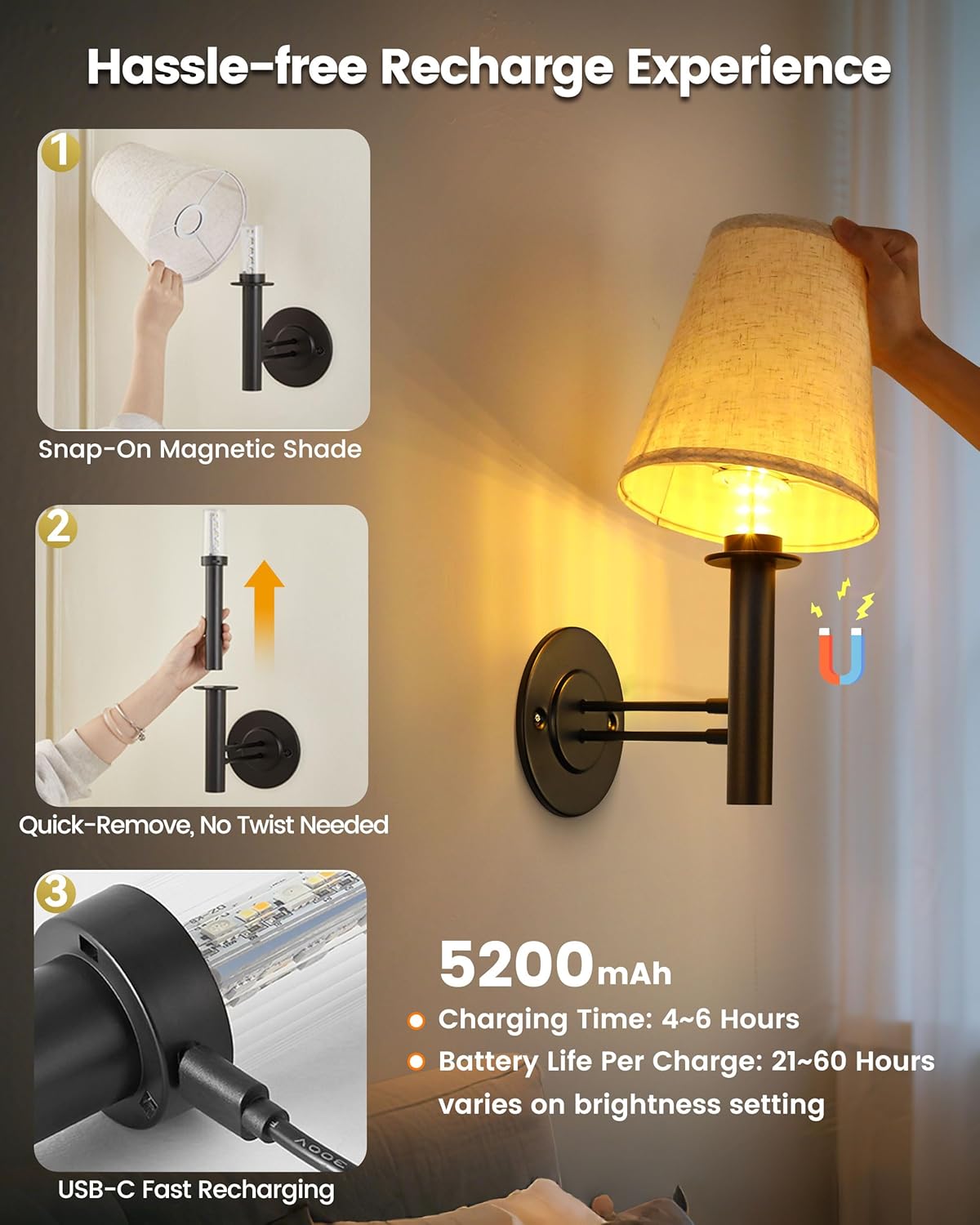 TECOMLIGHT Battery Operated Wall Sconces Lights for Bedroom Set of 2, Wireless Rechargeable LED Wall Lamp with Remote & Touch Control, Wall Mount Lighting Fixture for Living Room, Satin Gold