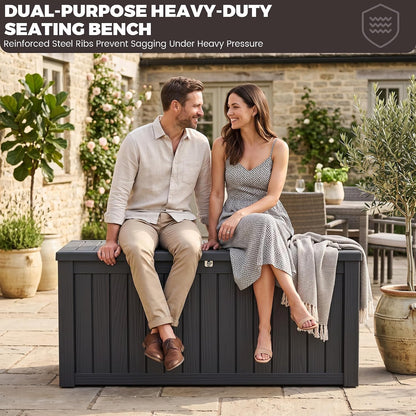 Outdoor Storage Box, 320 Gallon Waterproof Deck Box [Upgraded 3.0], Dual Gas-Spring Ultimate Resin Organizer for King Cushions, Heavy-Duty Lockable Estate Storage Bench, Backyard BBQ, Black