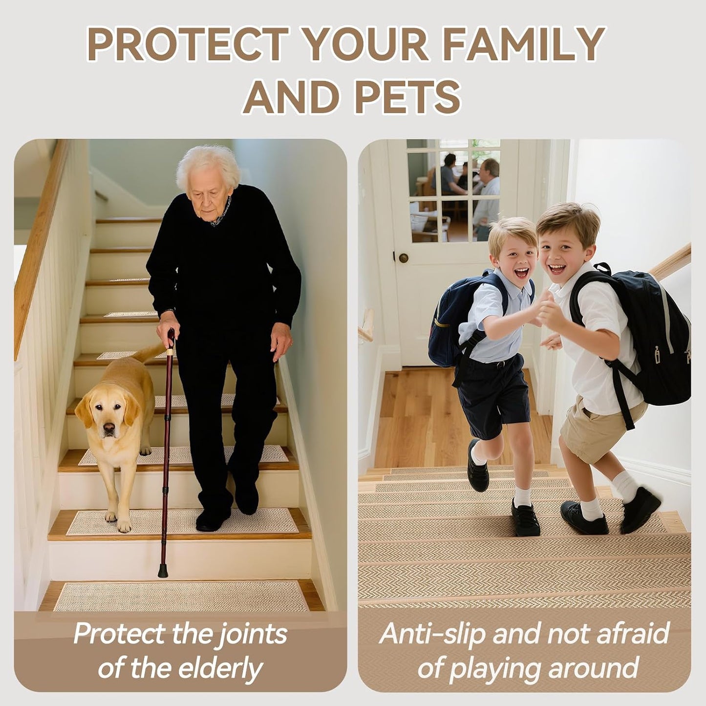 YDKGL Stair Treads Non Slip for Wooden Steps Indoor 15 Pack, Reusable Peel and Stick Adhesive Stair Treads Runner Rugs, Stair Carpet Floor Mats for Elders Pets, Easy to Install, Brown 8" x 30"