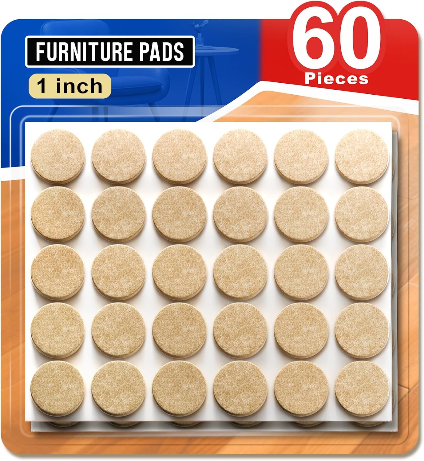 Ansible 60 PCS Felt Furniture Pads 1", Felt Pads for Chair Leg Floor Protectors for Hardwood Floors Round (Beige)