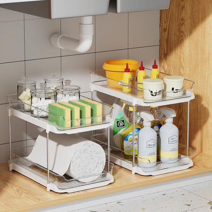 Delamu 2 Sets of 3-Tier Bathroom Under Sink Organizers and Storage, Multi-Purpose Stackable Pantry Organization and Storage, Pull Out Clear Kitchen Bathroom Cabinet Organizer with Movable Dividers | Storage