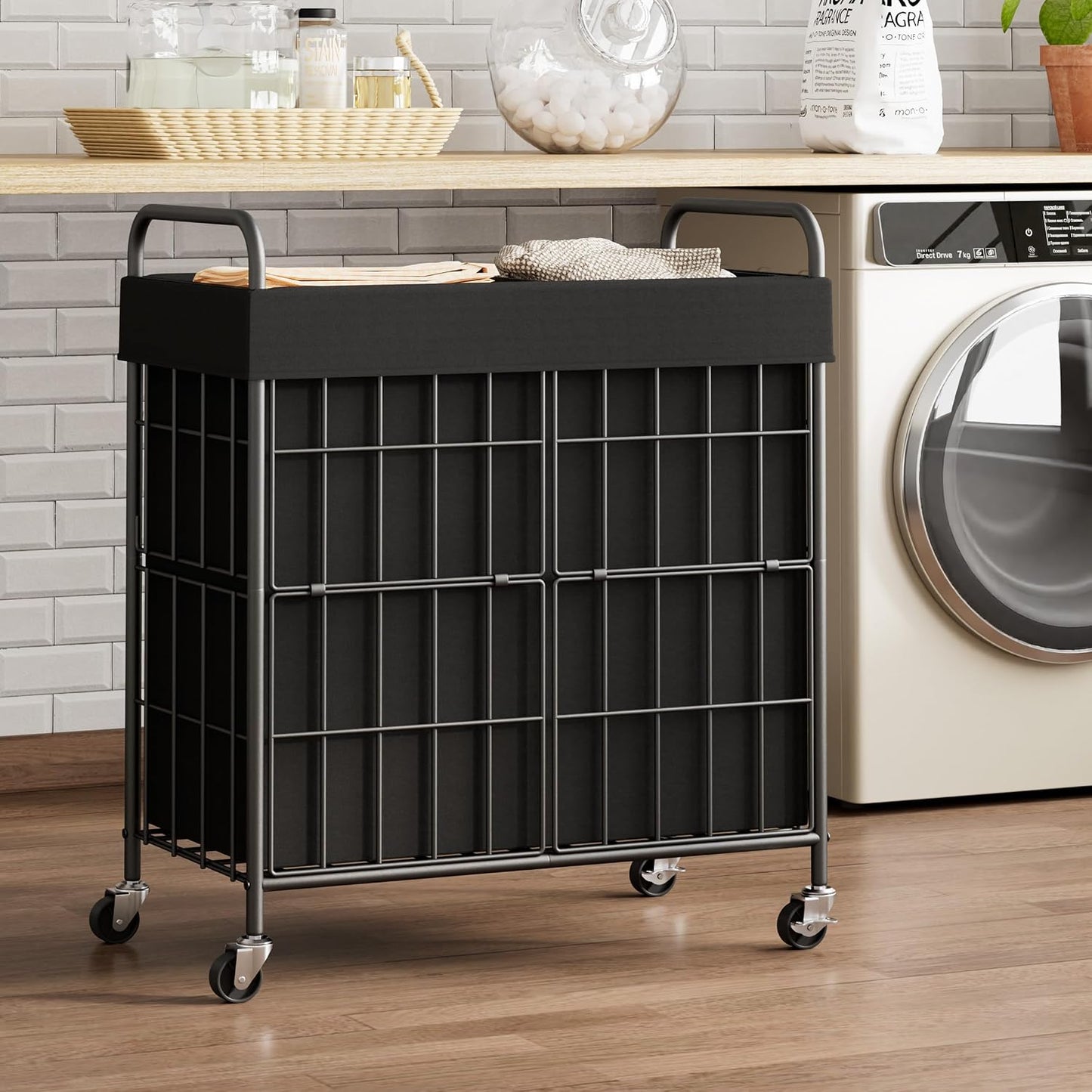 2 Section Laundry Hamper with Wheels and Brake, 100L Laundry Sorter Cart with 2 Removable Liner Bags, Metal Handle, Rolling Laundry Basket for Bedroom Laundry Room