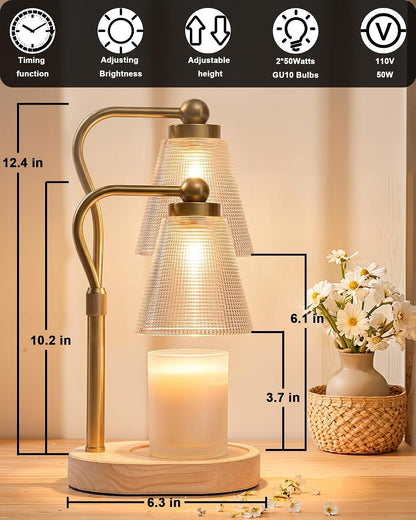 Candle Warmer Lamp with Timer - Adjustable Height & Brightness - Wood Base Glass Shade - 2 Bulbs Included(Square Gold)