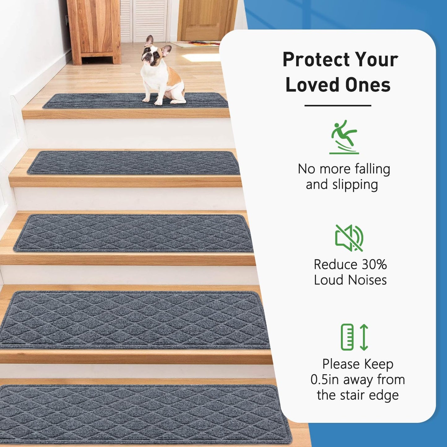 Non Slip Stair Treads for Wooden Steps,15 Pack 8" X 30" Stairs Carpet Treads Indoor with Reusable Peel and Stick Adhesive for Kids Elders and Pets