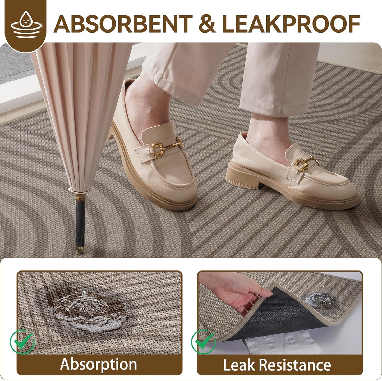 Front Door Mat 17''x30'', Absorbent Dirt Resist Washable Non Slip Low-Profile Indoor Doormat, Easy Clean Welcome Entryway Door Mats, Brown