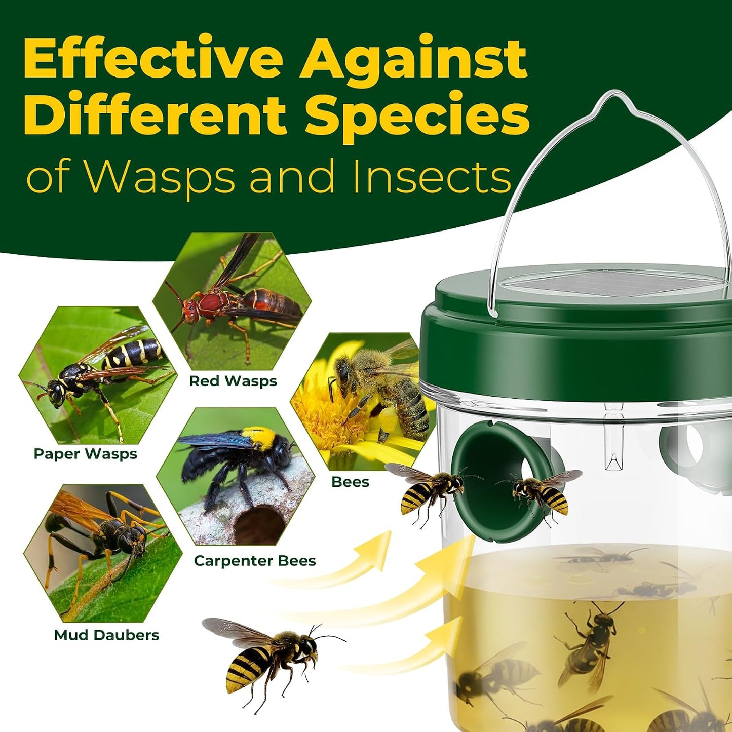 Wasp Trap Outdoor Hanging 4 Pack, Solar Powered Reusable Wasp & Yellow Jacket Trap with LED Light, Carpenter Bee Catcher for Patio, Backyard & Garden