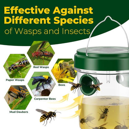 Wasp Trap Outdoor Hanging 4 Pack, Solar Powered Reusable Wasp & Yellow Jacket Trap with LED Light, Carpenter Bee Catcher for Patio, Backyard & Garden