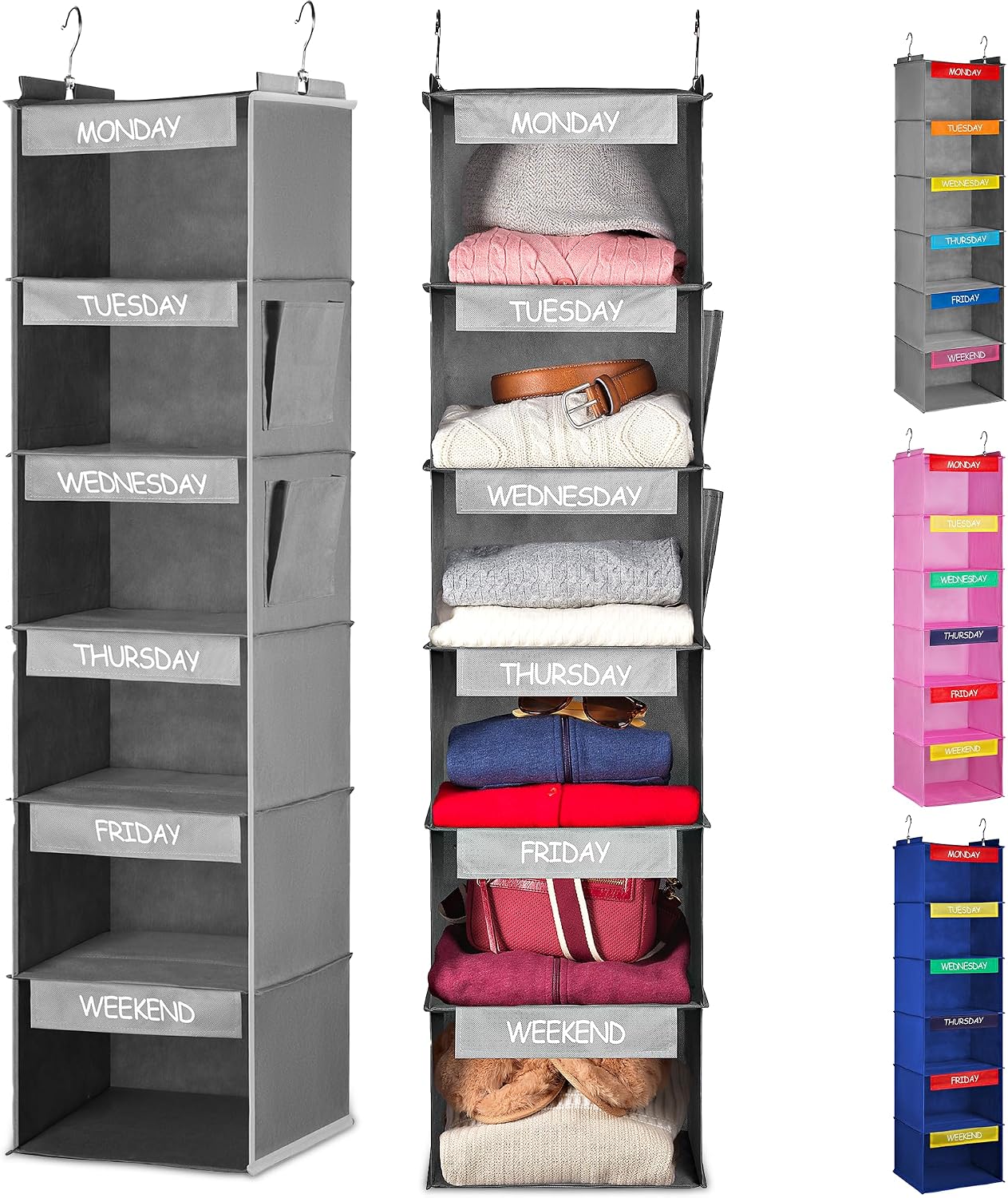Handy Laundry Weekly Clothes Organizer for Kids, 6-Shelf Bamboo Reinforced | Days of the Week Hanging Closet Shelves, Monday Through Friday and Weekend, School Outfit Storage, Side Pockets, Pink