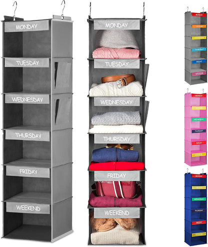 Handy Laundry Weekly Clothes Organizer for Kids, 6-Shelf Bamboo Reinforced | Days of the Week Hanging Closet Shelves, Monday Through Friday and Weekend, School Outfit Storage, Side Pockets, Pink