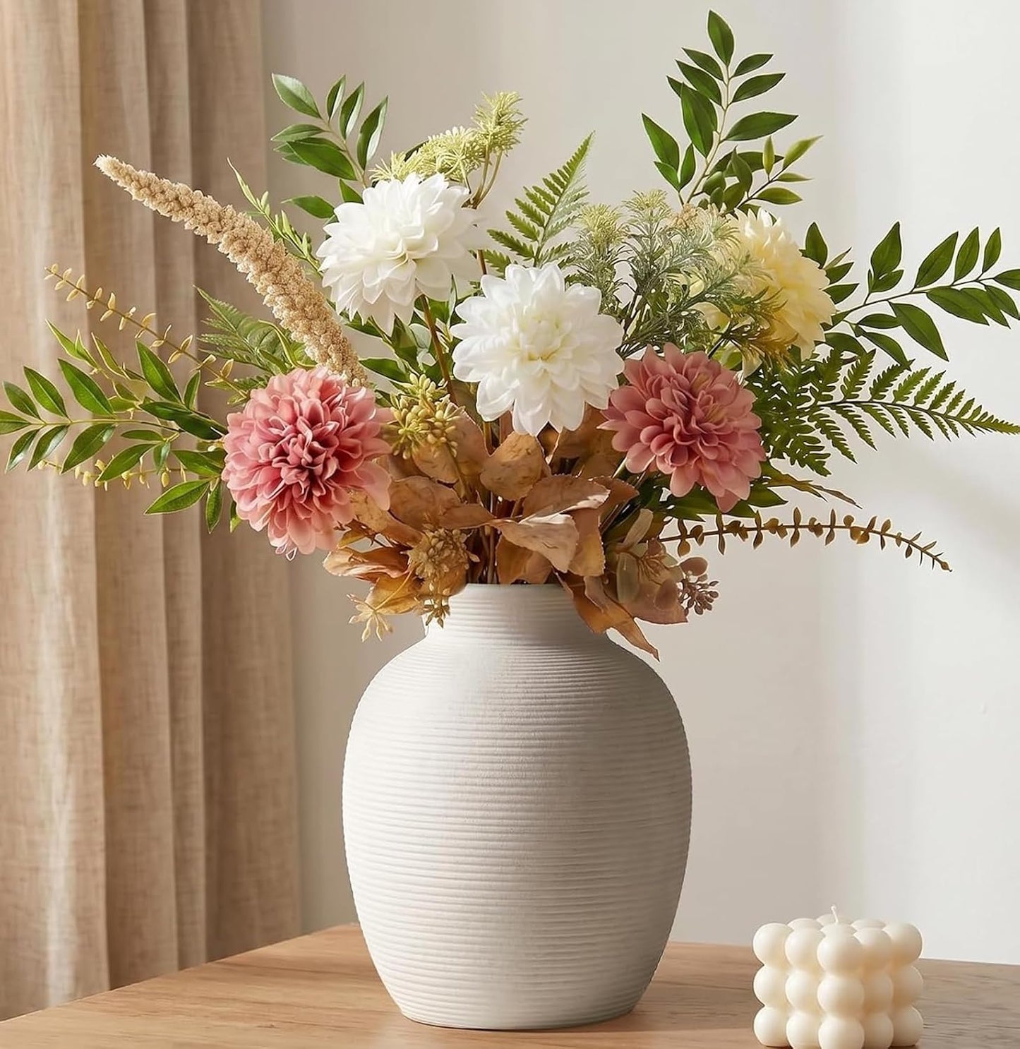 CUCUMI Ceramic Vase Set of 5, Home Decor Farmhouse Décor Handmade Pottery Vases for Pampas Grass, Dried Fresh Flowers, Table, Living Room, Kitchen, Shelf, Entryway Mantel Neutral Tones