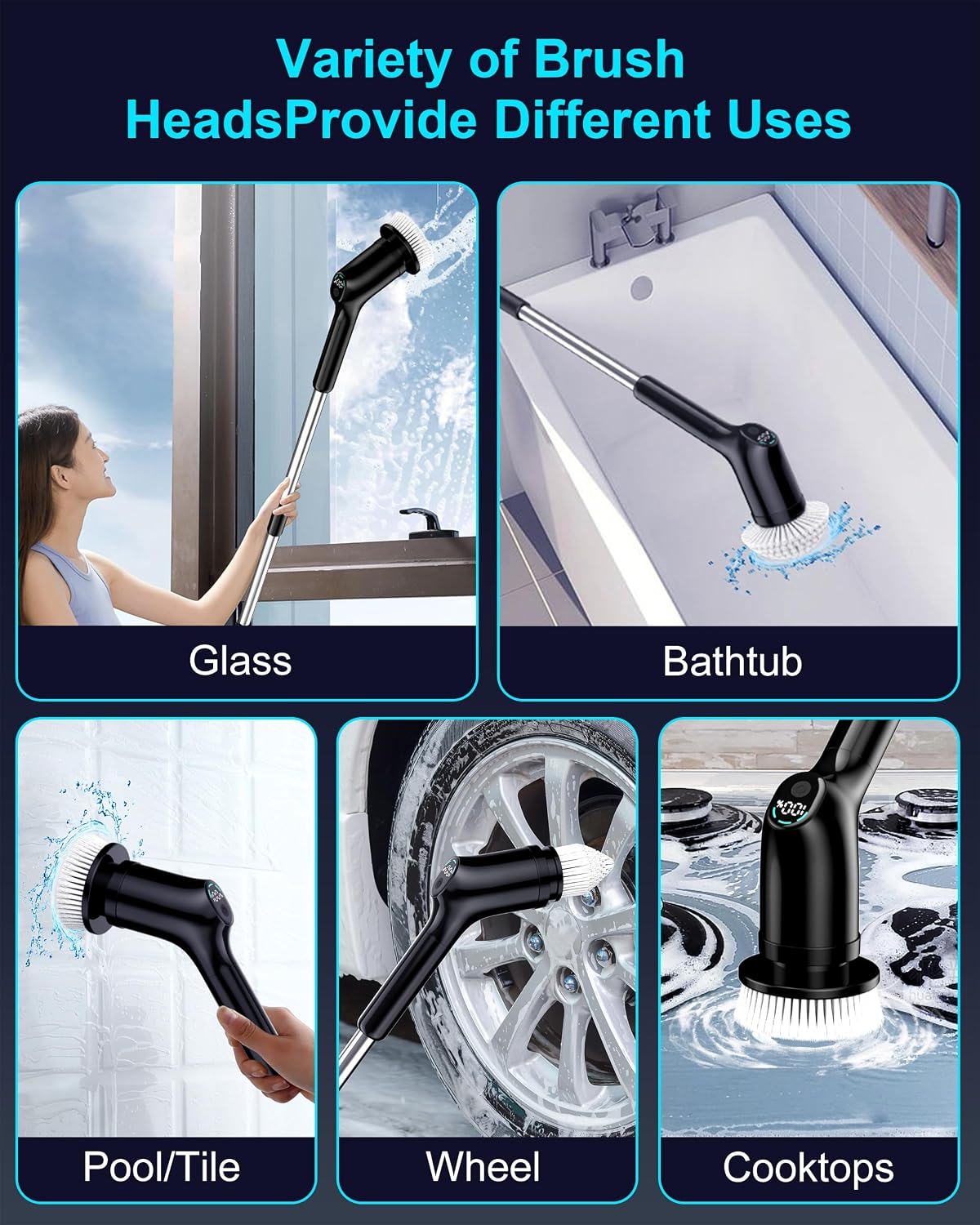 Shower Scrubber with Long Handle, Electric Spin Scrubber for Cleaning Bathroom, Cordless Cleaning Brush with IPX7 Waterproof & 2 Speed, Cleaning Supplies for Shower Tub Kitchen Tile Toilet