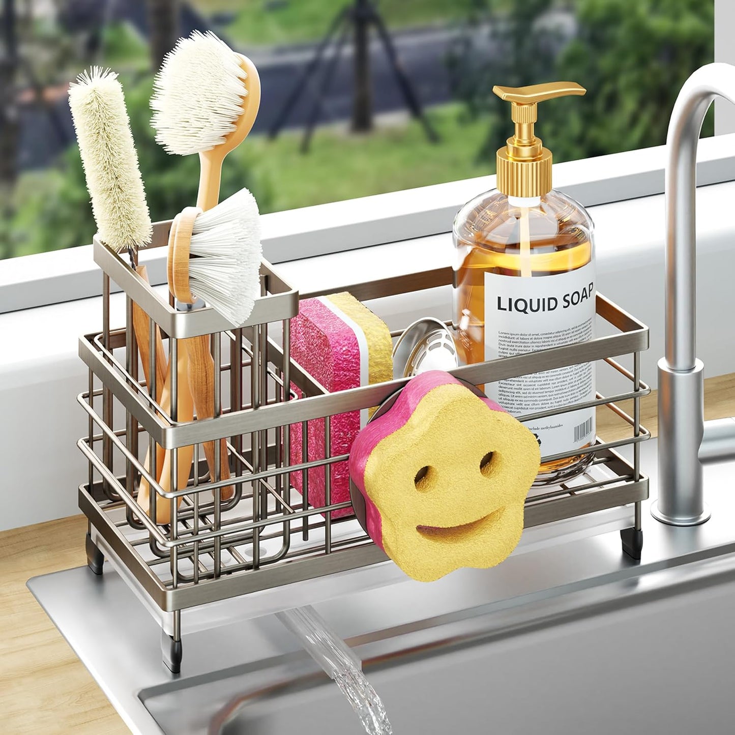 HapiRm Sponge Holder for Kitchen Sink - Self-draining Sink Caddy with Brush and Dishcloth Holders, Stainless Steel Kitchen Countertop Organizers and Storage Essentials - Black
