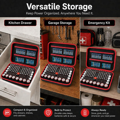 Comecase Battery Storage Case with Tester, Holds 148+ AA AAA C D 9V, Black | Hard-Shell Design, Carry Handle and Custom Foam Slots Keep Batteries Visible, Separated and Ready for Home, Garage or Office