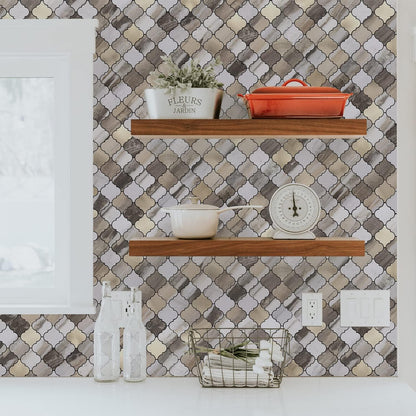 STICKGOO Arabesque Peel and Stick Backsplash Tile, Stick on Backsplash for Kitchen and Bathroom, Beige Marble Look PVC Mixed Metal Aluminum Mosaic Tiles (10 Sheets)