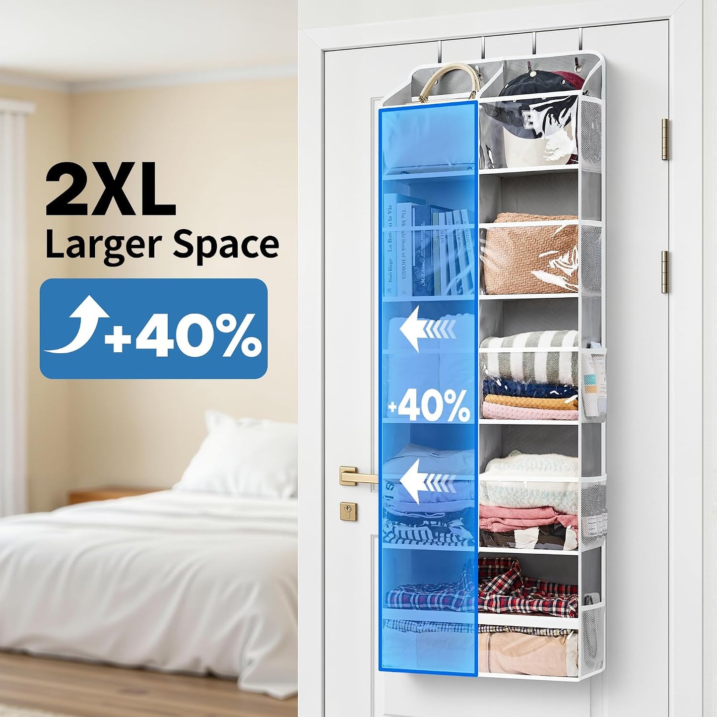 JARLINK 2 Pack Over the Door Organizer Storage, 5 Shelf Hanging Door Organizer with 5 Large Capacity Pockets, Anti Tilt 44 lb Load Behind Door Storage for Bedroom, Bathroom, Pantry, Nursery, (Grey)