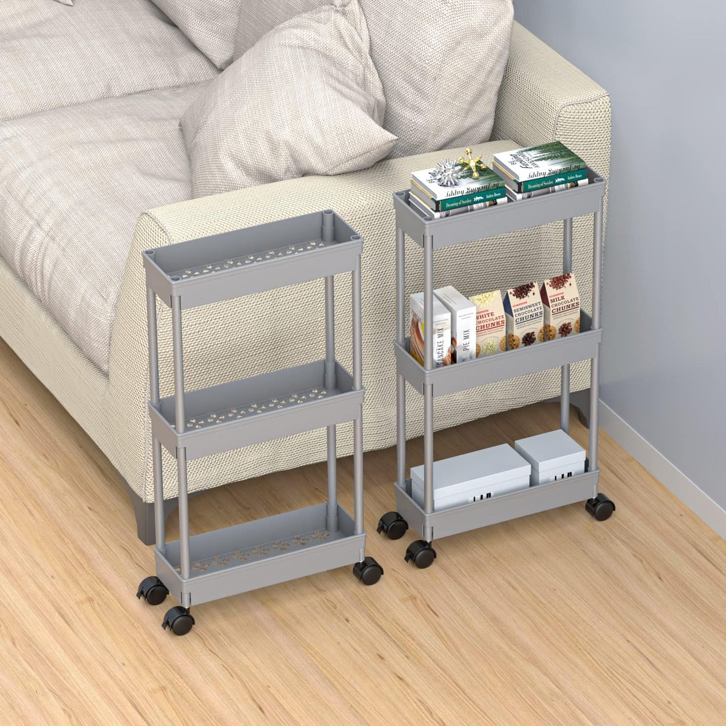 Sooyee 3 Tier Rolling Cart with Wheels, Slim Storage Cart, Under Desk Narrow Rolling Utility Cart Storage Organizer for Office Bathroom Kitchen Laundry Room Narrow Places, White, Plastic and Metal