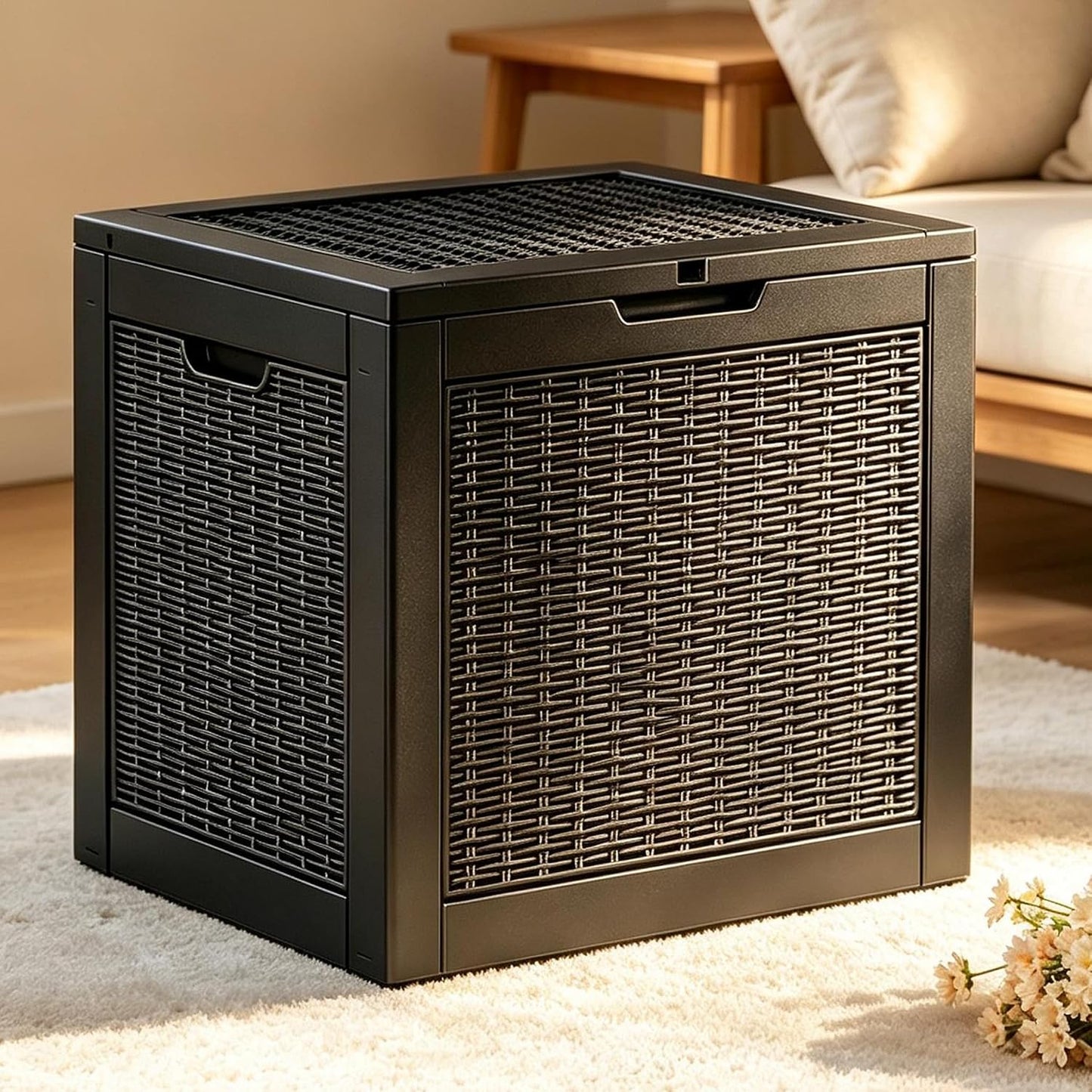 Fancyango 75 Gallon Outdoor Deck Box Waterproof, Large Storage Box for Patio, Resin Storage Bench Lockable for Garden Tools, Package Delivery, Black
